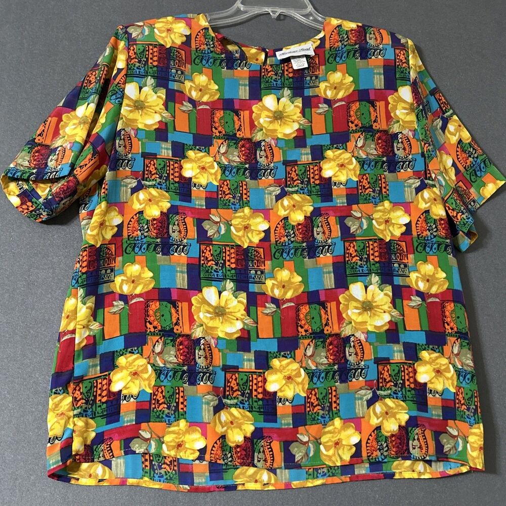 VTG 80s 90s Heritage Road Colorful Geometric Floral Blouse Made In USA Sz L